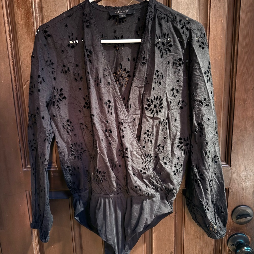 All Saints black Lace Cutout Blouse